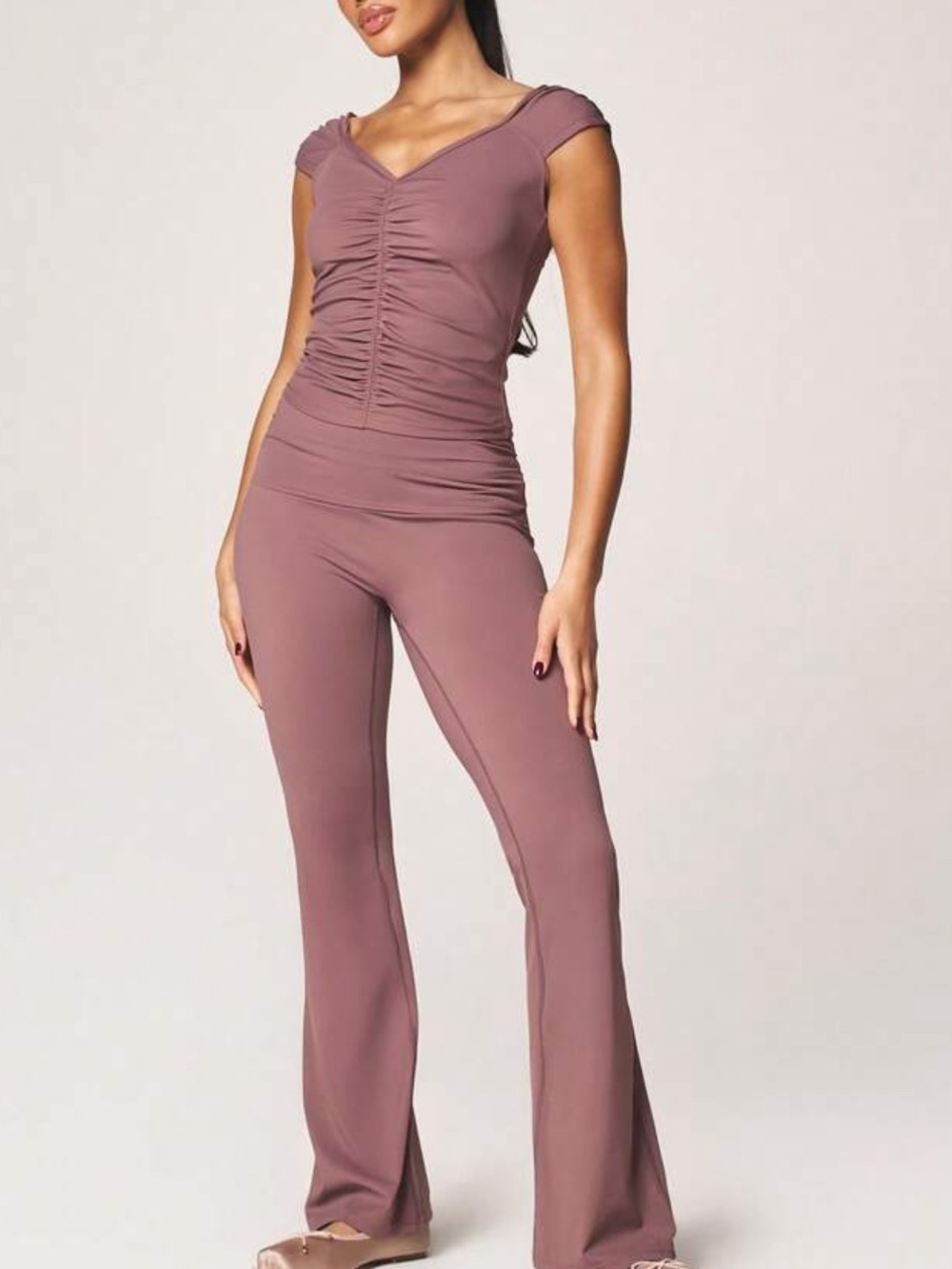 2 piece matching SET Dusty mauve pink Ruched top & Pants athletic lounge gym set